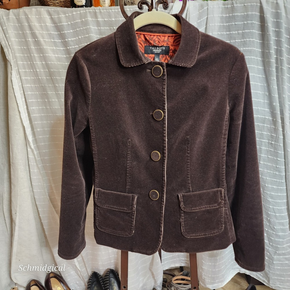 Talbots Petites Brown Corduroy‎ Jacket Espresso Cotton Stretch Floral Lining 2P
